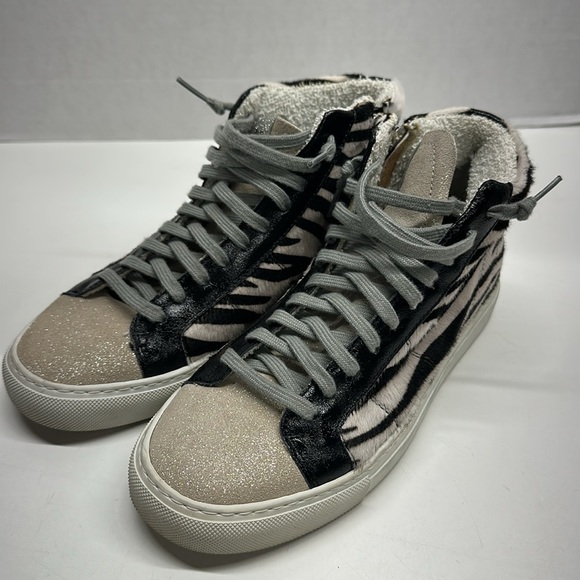 P448 Sneakers High Tops Lace Up Shoes Zebra Print Pony Hair Black White Size 38 - Picture 7 of 11